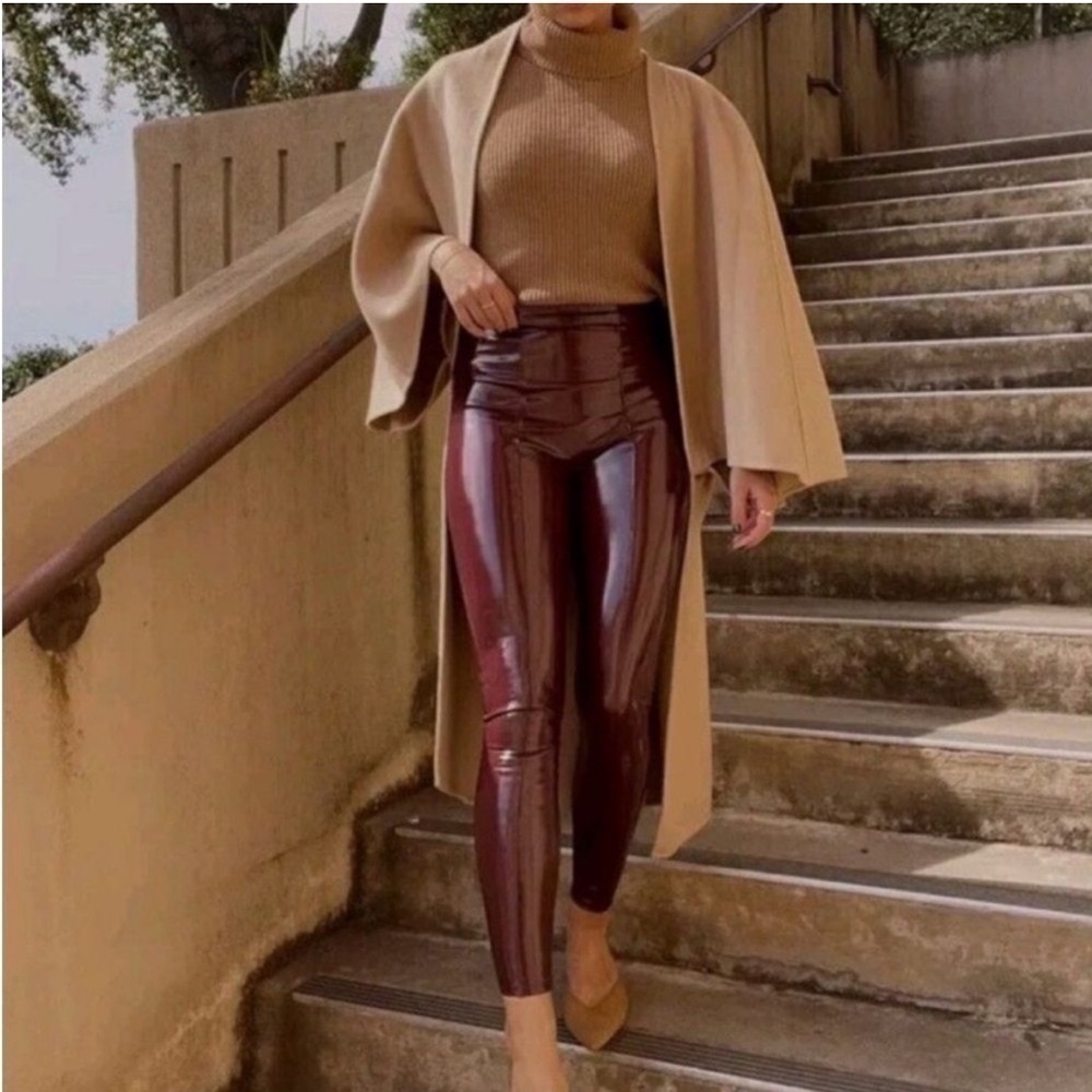 Spanx Womens Small Patent Faux Leather High Rise Leggings Maroon Red